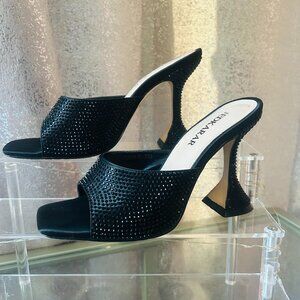 JEDKARAR Women's Slip On Heels With Black Rhinestones